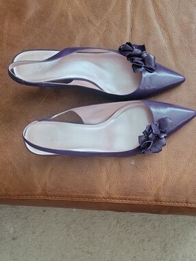 Madeline Purple Pointed-Toe Slingback Flats with Floral Accent